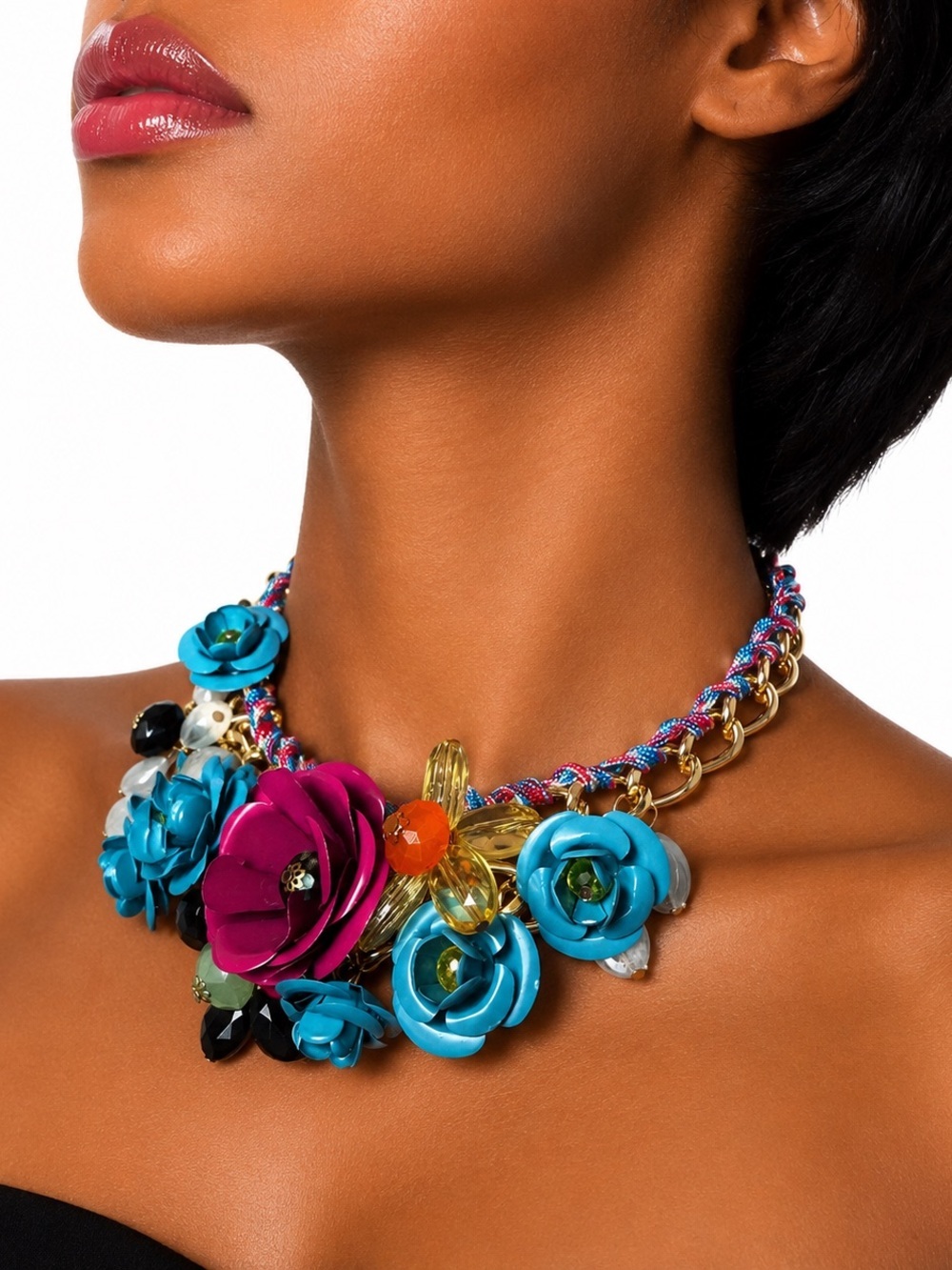 Colorful Floral Statement Necklace | Blue & Fuchsia Flowers | Chunky Gold Chain - Picture 2 of 5